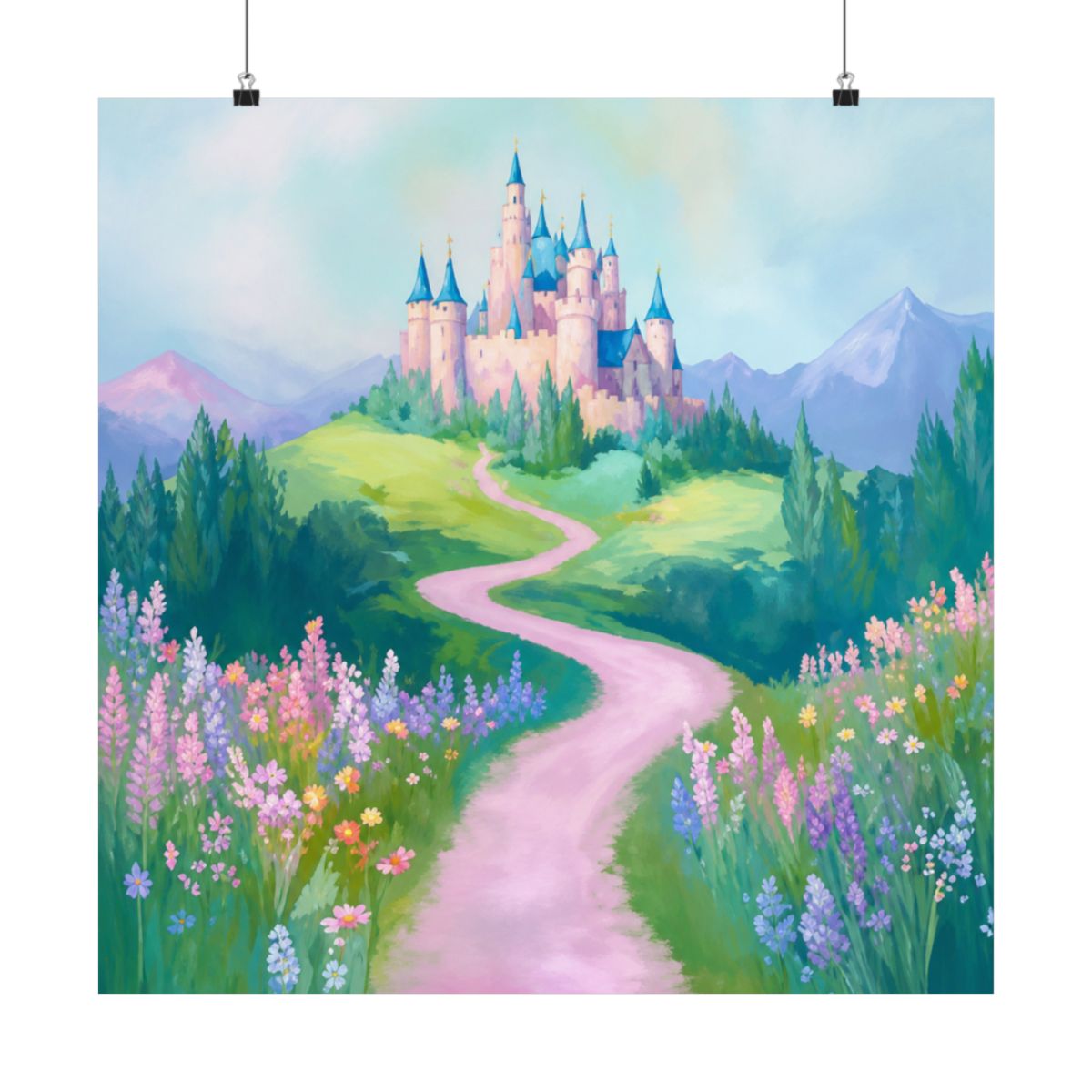 Fairytale Castle Poster: Pastel Fantasy Landscape Art Print for Nursery or Playroom | Fairy Tail - alternate angle 2, merchandise