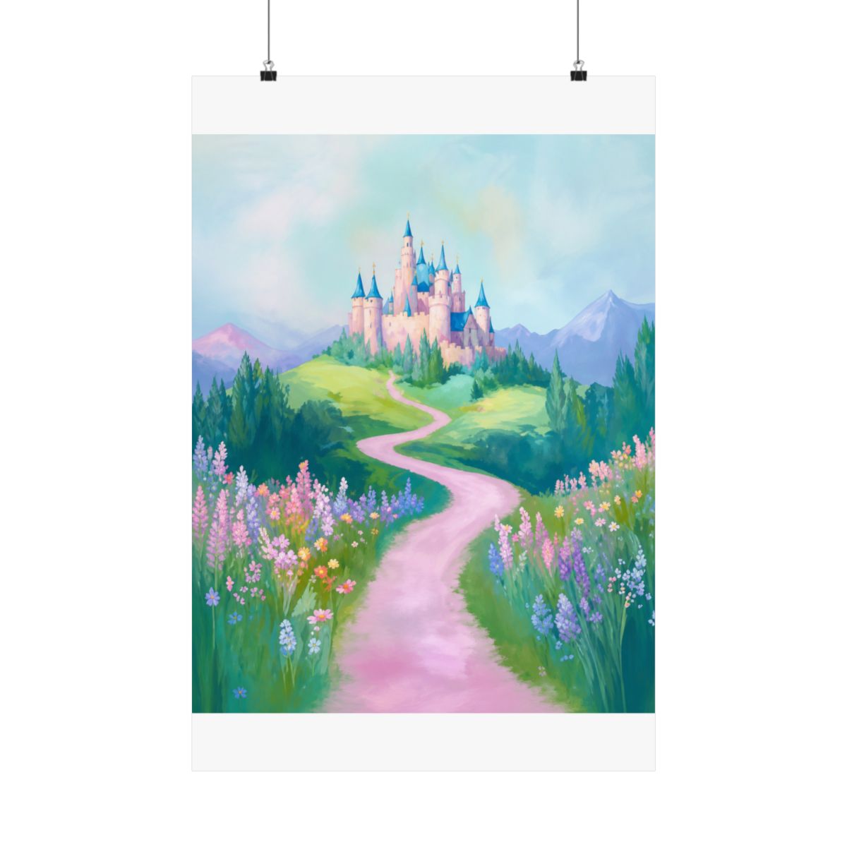 Fairytale Castle Poster: Pastel Fantasy Landscape Art Print for Nursery or Playroom | Fairy Tail